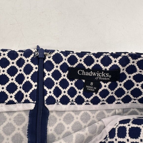 Chadwicks Of Boston 8 Geometric Print Navy White Cotton Blend Skirt Side Pockets - Picture 2 of 12